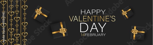 Valentines Day banner background or website header with hanging golden 3d hearts and gift boxes with red bow and ribbon. Love design concept. Romantic invitation or sale offer promo.