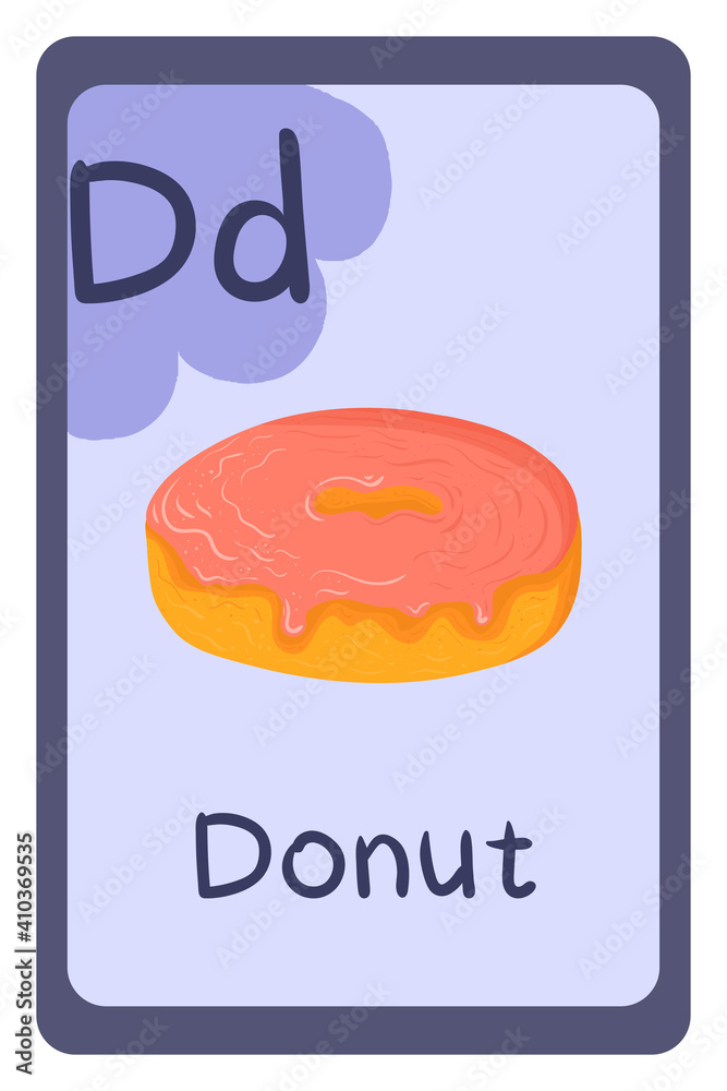 Abc educational card, Letter D - donut. Cartoon vector illustration. Isolated vector clip art. Food alphabet template. Abc educational card, Letter D - donut. Cartoon vector illustration. Isolated vector clip art. Food alphabet template.