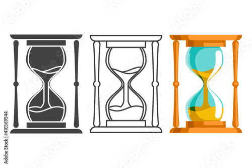 Sand hourglass time leak flat lineart silhouette concept icons set design vector illustration
