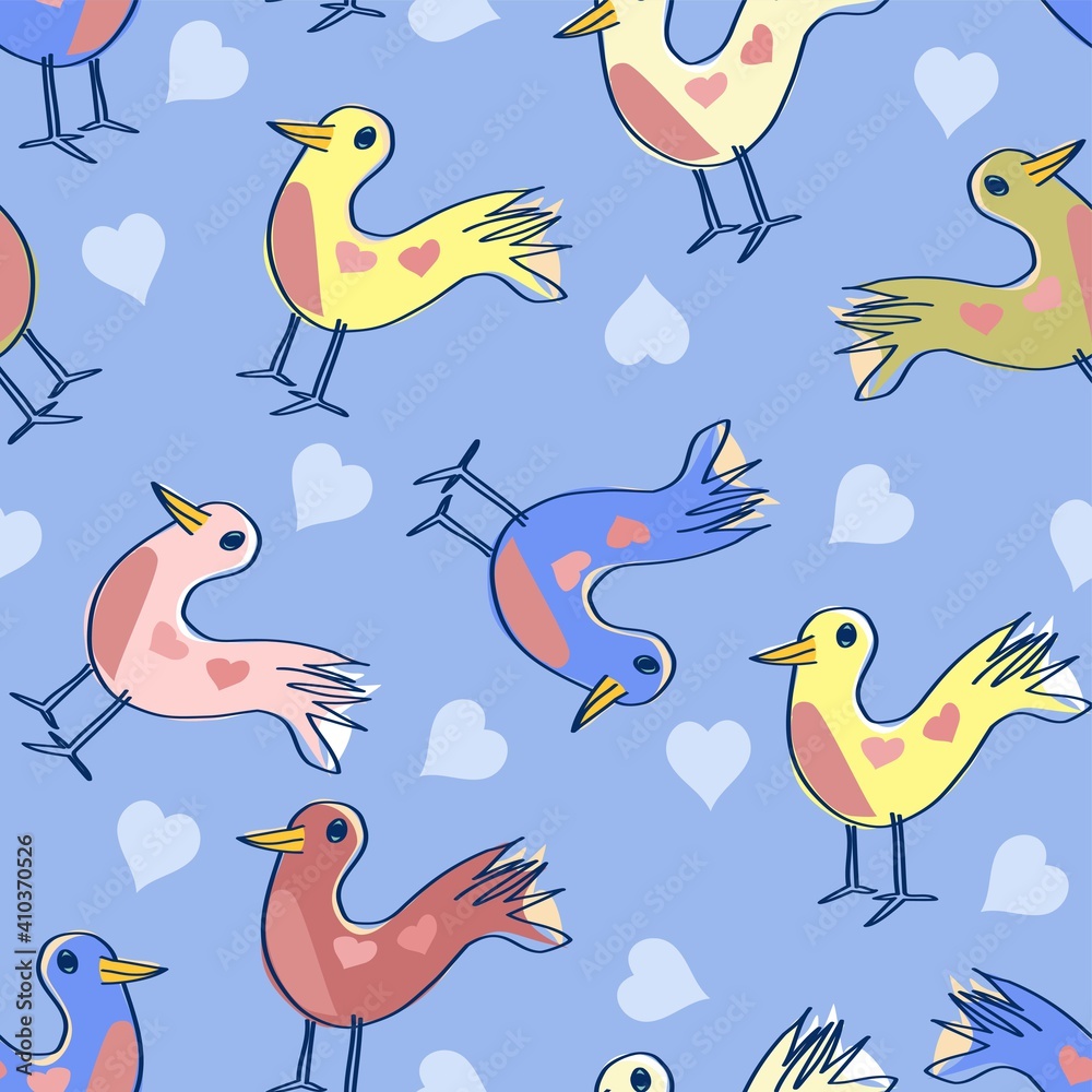 Funny Birds And Hearts Pattern On Blue