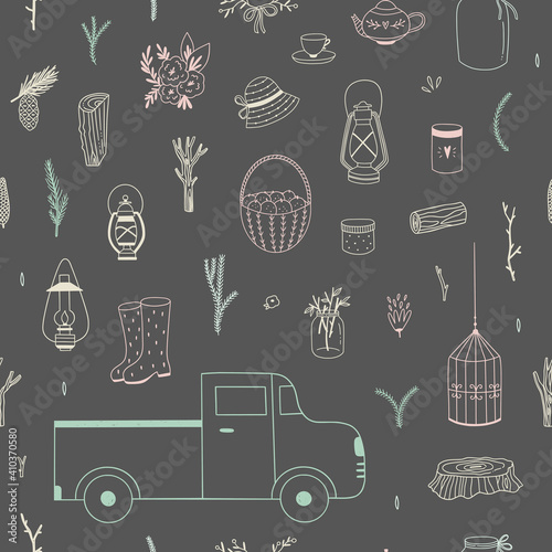 Rustic seamless pattern. Vector background with village life illustrations. Vintage style vector pattern
