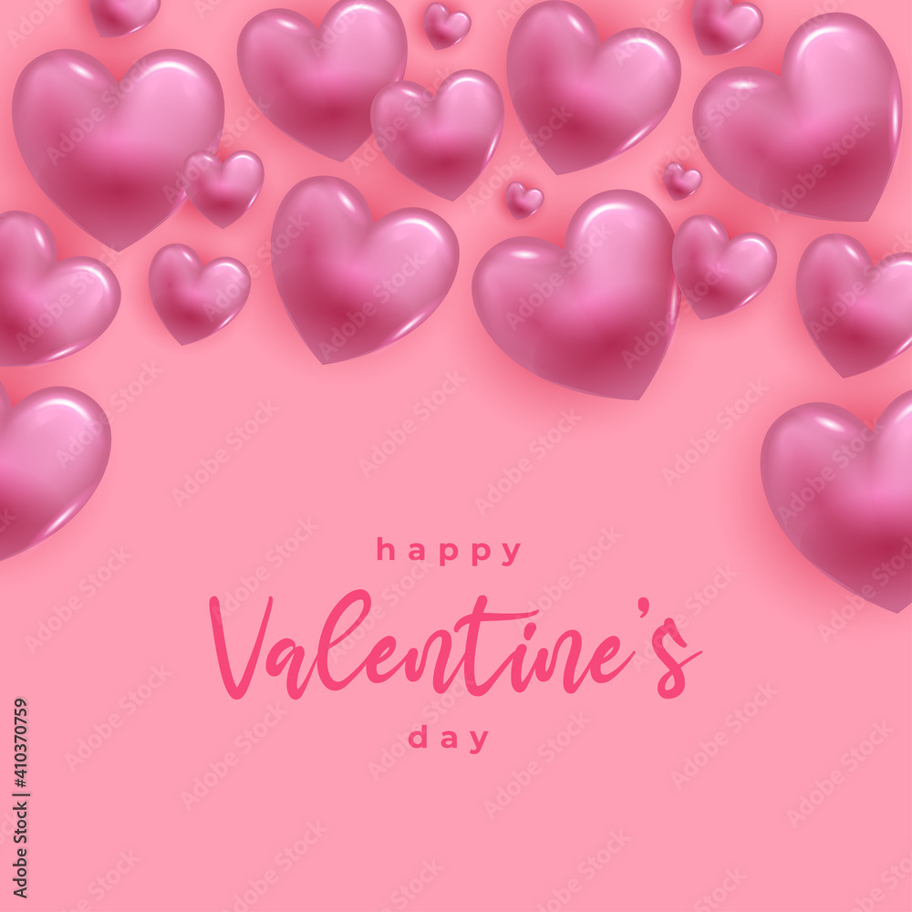 Happy Valentines day greeting card with 3d balloon hearts on pink background.
