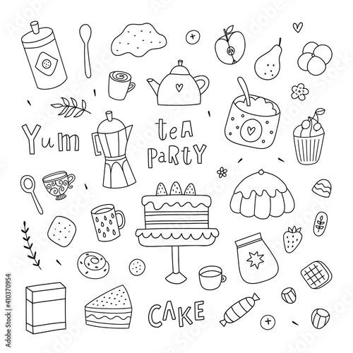 Cute sweet food doodles on white background. Vector desserts, cakes and sweet pies. Bakery clipart collection