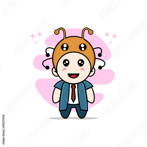 Cute businessman character wearing ant costume.