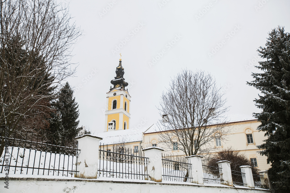 Winter landscape, snowy day, orthodox Grgeteg Monastery. Located in the village of Grgeteg on the mountain Fruska Gora in northern Serbia.