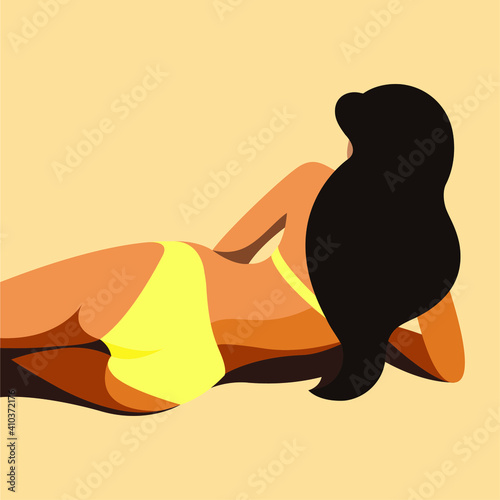 vector illustration on the theme of summer holidays. beautiful young tanned girl in a yellow swimsuit sunbathes on the beach. the picture can be used to decorate leaflets and flyers. elements isolated