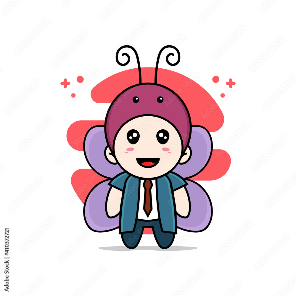 Cute businessman character wearing butterfly costume.