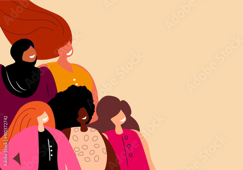 International Women's Day.Multi-Ethnic Women.A Group of Beautiful Women with different beauty,Hair,Skin Color.The Femininity concept, Diversity,Independence,Equality. Struggle for freedom Illustration