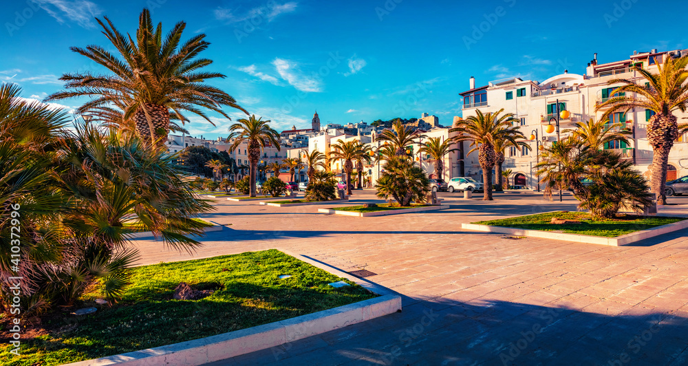 Сharm of the ancient cities of Europe. Colorful morning view of central park of Vieste town. Attractive  summer scene of Apulia, Italy, Europe. Traveling concept background.
