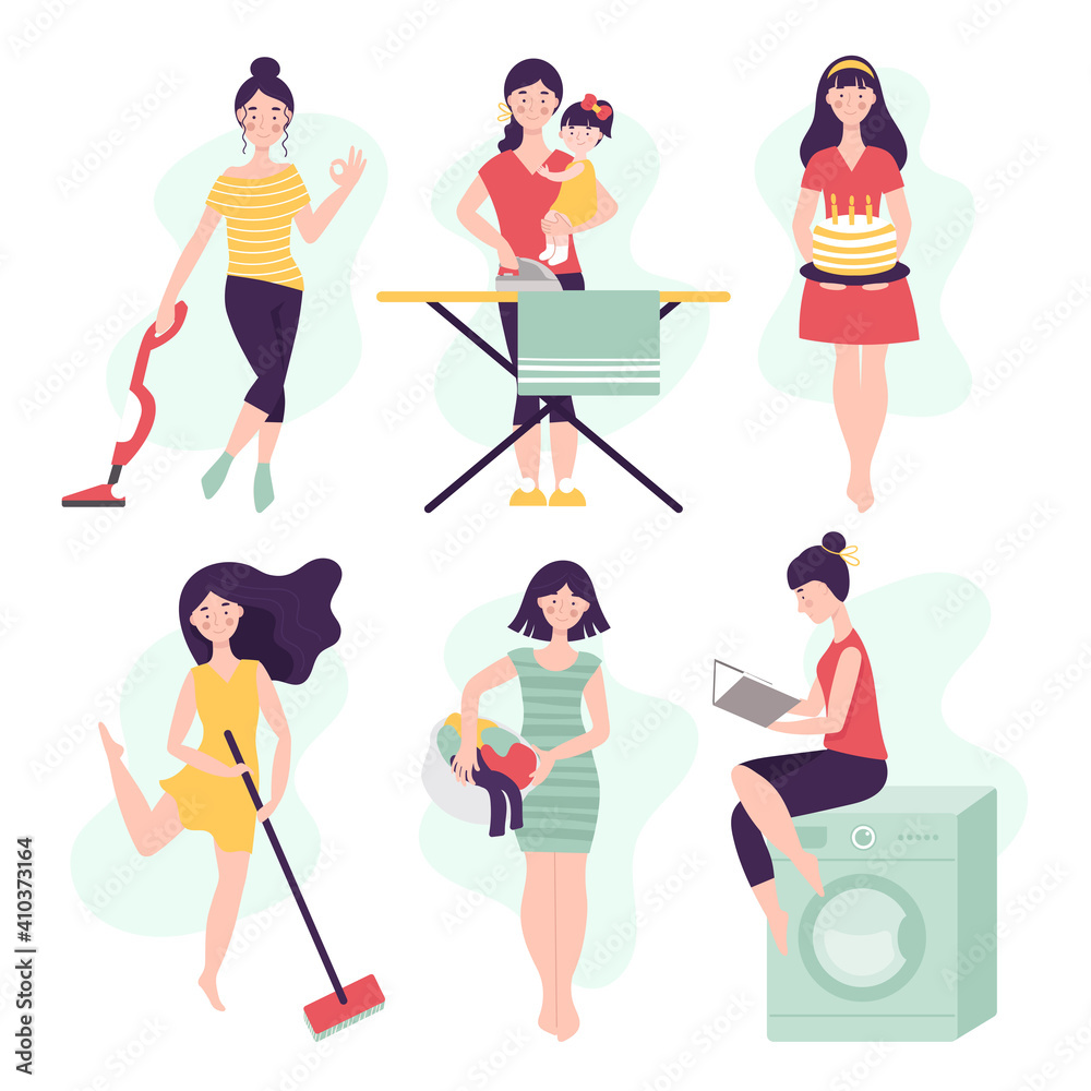 Fototapeta premium Set of women in different home work on white background. Housewives for washing, cleaning, ironing, with a mop and vacuum cleaner. Vector illustration in flat style