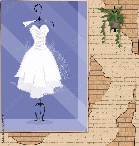 vector illistration stone wall showcase with white dress