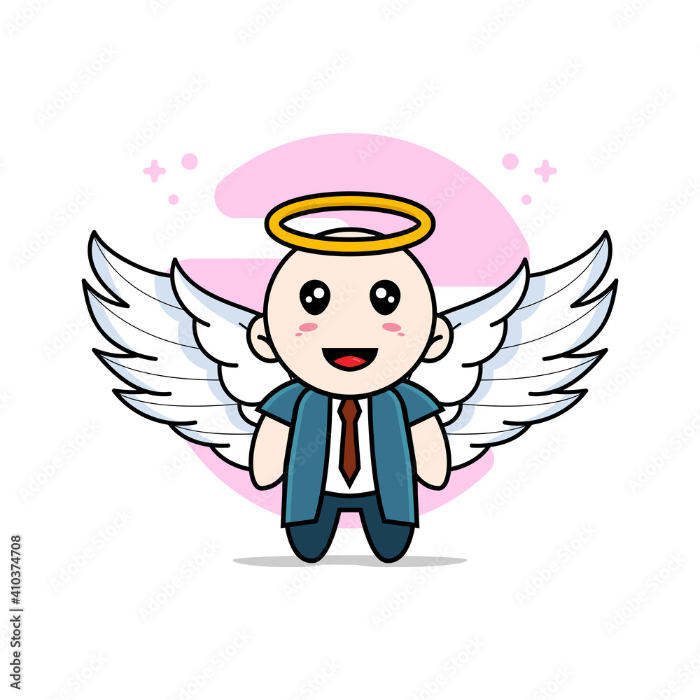 Fototapeta premium Cute businessman character wearing angel costume.