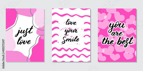 Set of 3 Valentines day cards. Trendy prints in red colors with hand drawn phrases. Lettering compositions. Greeting postcards in simple style. Romantic doodle illustration. Seasonal design, poster