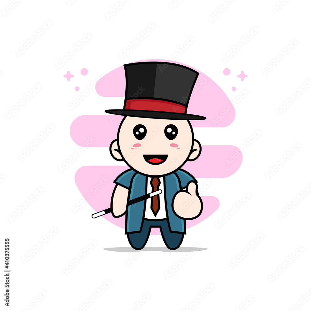 Cute businessman character wearing magician costume.