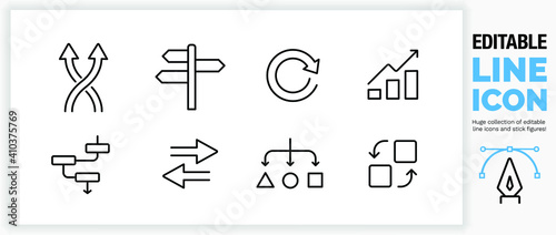 Editable line icon set of change, direction and result photo