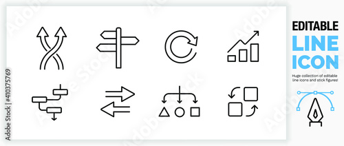 Editable line icon set of change, direction and result