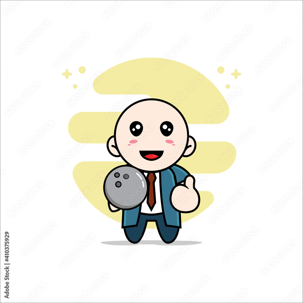 Cute businessman character holding a bowling ball. Cute businessman character holding a bowling ball.