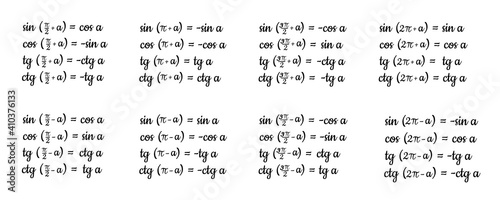 Trigonometric reduction formulas for some angles. Education, getting classes, school program Higher mathematics. Math text. Isolated.