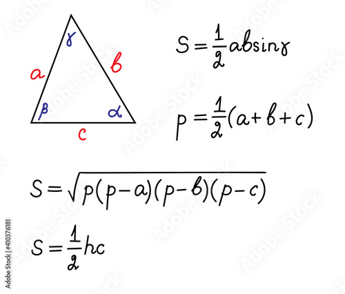 Formulas area of a triangle Education, getting classes, school program Higher mathematics. Handwritten math text. Isolated.