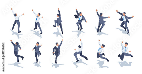 isometric vector image on a white background, a man in business clothes joyfully jumps up with his fist raised, jubilant man set