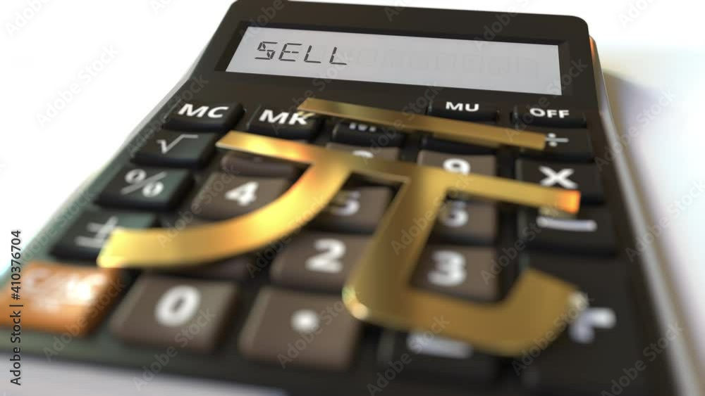 Renminbi currency symbol on the keys and SELL text on calculator display. Conceptual 3d animation Renminbi currency symbol on the keys and SELL text on calculator display. Conceptual 3d animation