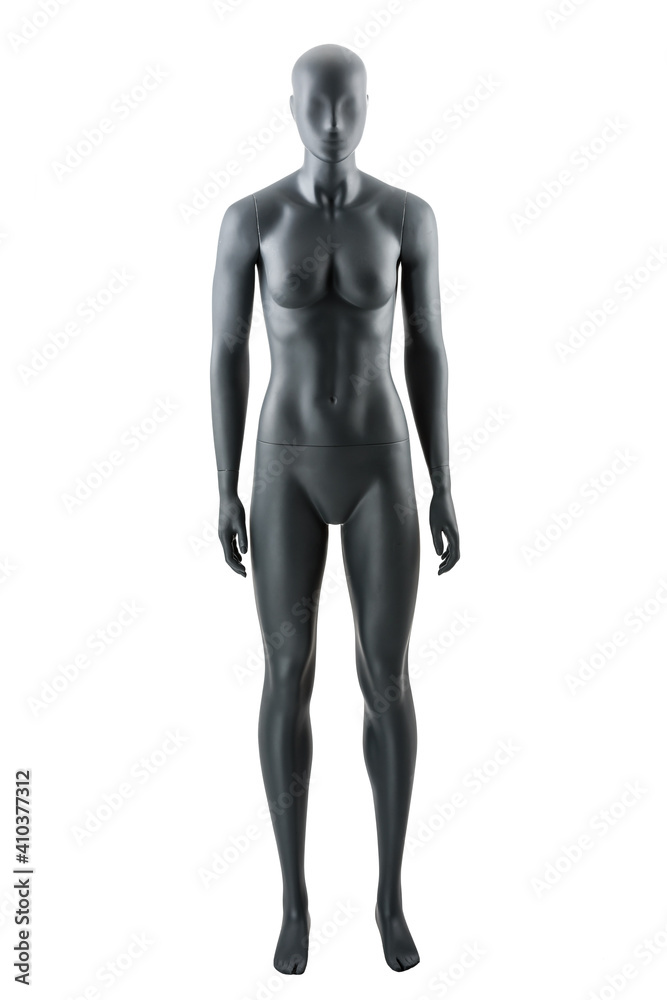 Female gray athletic mannequin doll or store display dummy isolated.