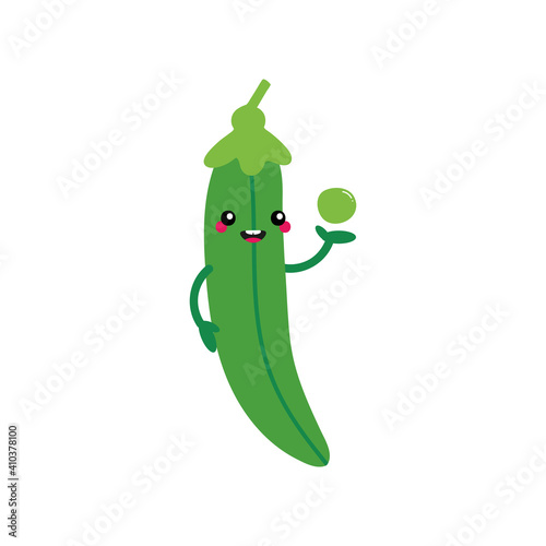 Cute and smiling cartoon green peas pod  character holding in hand small green bean.
