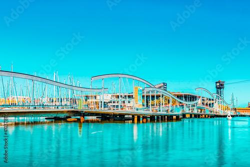 Photography Panorama on Barcelona Seaport and Maremagnum Mobile Bridge (Puen
