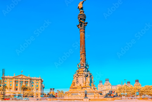 Monument of Columbus, stand near Rambla Avenue in Barcelona, mos