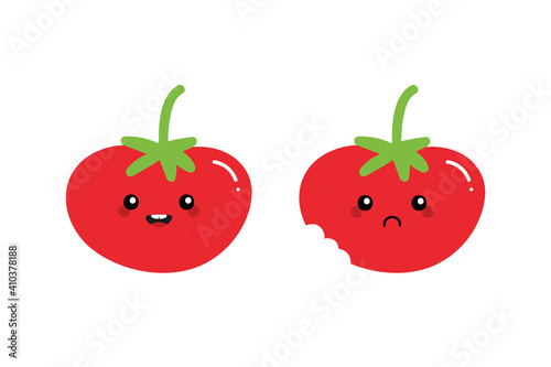 Cute cartoon style red tomato characters, happy smiling and sad with bite mark.