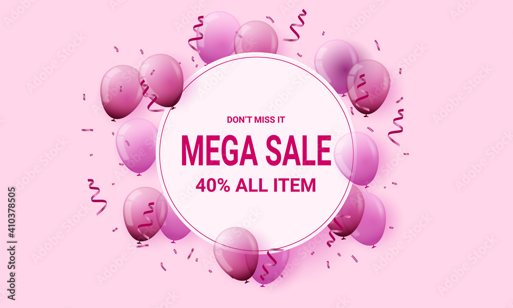 Modern sale background with pink and purple balloon and confetti.