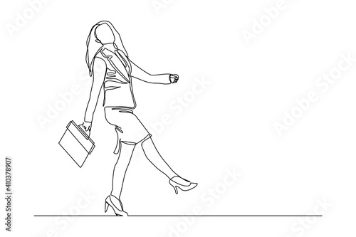 Continuous line drawing of happy young business woman holding briefcase. Single one line art of office worker. Vector illustration