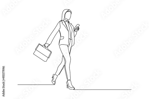 Continuous line drawing of happy young business woman holding briefcase. Single one line art of office worker. Vector illustration