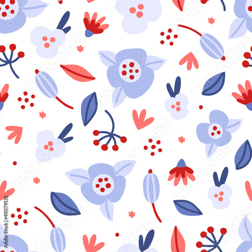 Floral seamless pattern. Hand drawn beautiful flowers. Colorful repeating background with blossom. Design for wallpaper, textiles, wrapping paper, cover notebook, header. Vector illustration, eps10