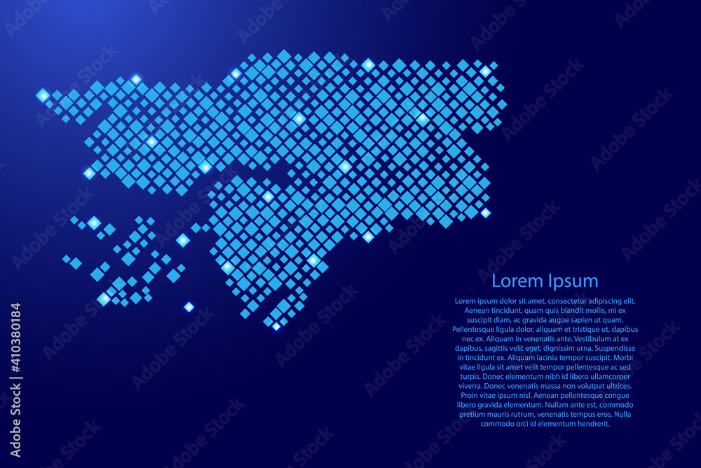 Guinea Bissau map from blue pattern rhombuses of different sizes and glowing space stars grid. Vector illustration.