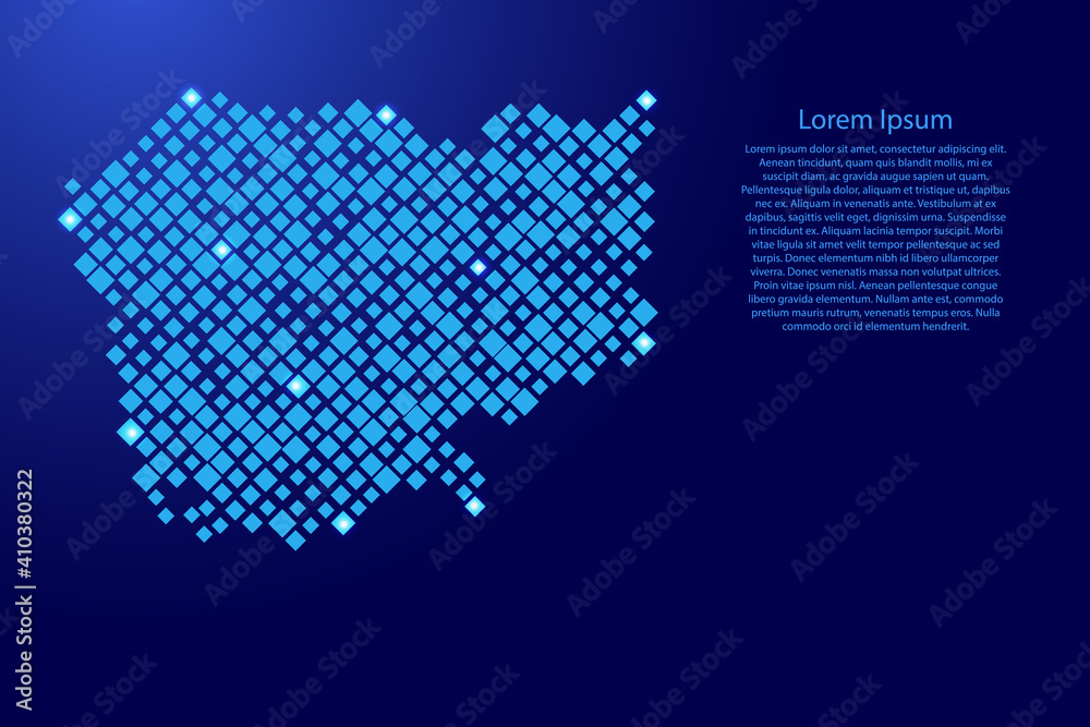 Cambodia map from blue pattern rhombuses of different sizes and glowing space stars grid. Vector illustration.
