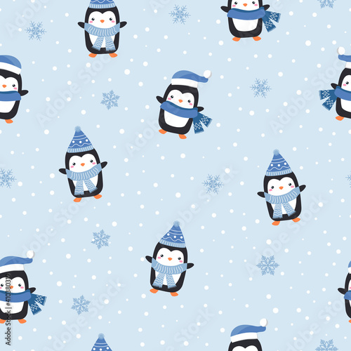 Penguin, seamless pattern, winter vector background, winter joy pattern, baby shower, birthday party
