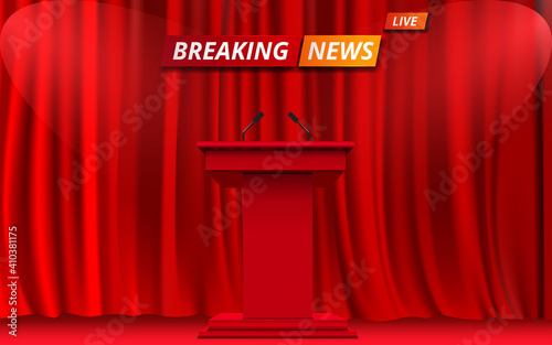 red announcement podium and microphone with spotlight on the red curtain in news studio