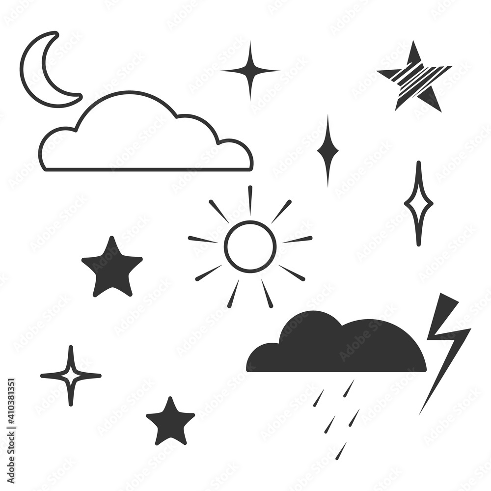 Weather icons set. Isolated elements in black gray color. White background Weather icons set. Isolated elements in black gray color. White background