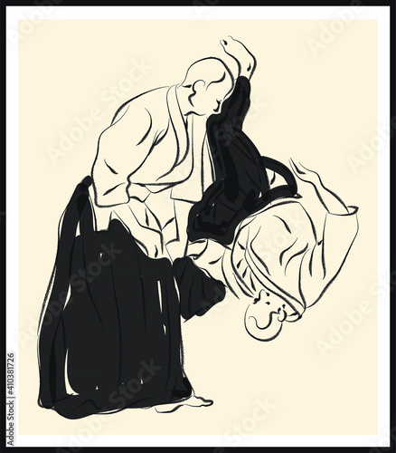 Aikido fighter sketch. Vector poster. Living room poster, wall decoration poster