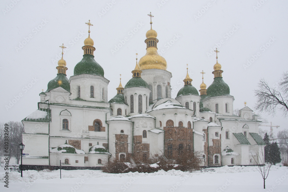 St. Sophia Cathedral in Kiev in winter snowfall.  Ukraine.  