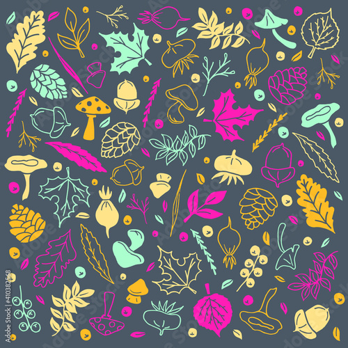 Autumn pattern with mushrooms and leaves on a gray background