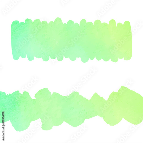 Watercolor vector banner shapes, long brush strokes, uneven stripes set. Green, yellow text frames, spring artistic backgrounds, smears. Watercolour paint stains eco, vegan graphic design elements.