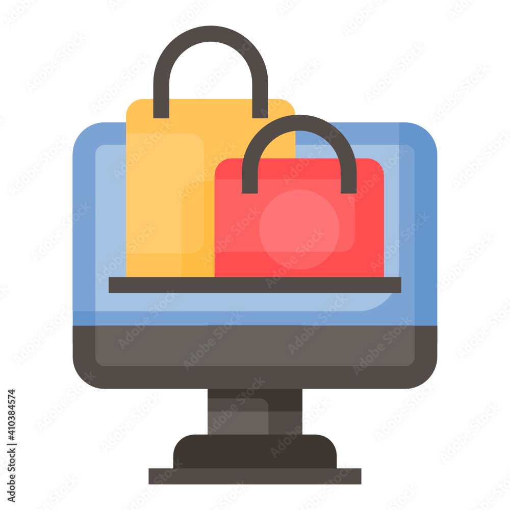 Online shop shopping bag on monitor icon design flat style Online shop shopping bag on monitor icon design flat style