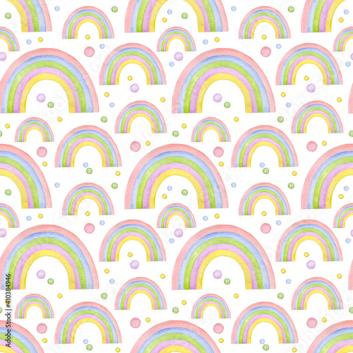 Happy easter watercolor seamless pattern. Rainbow on a white background.