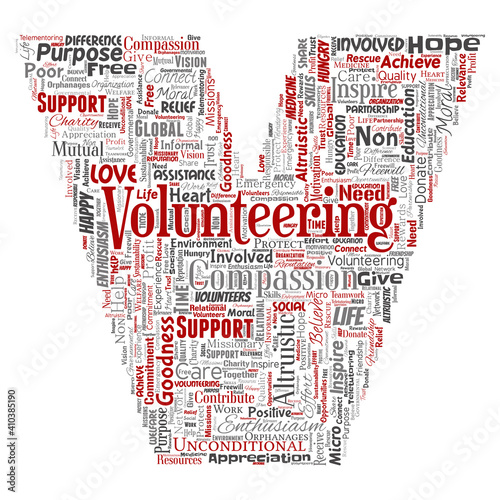 Vector conceptual volunteering, charity, humanitarian letter font V red word cloud isolated background. Collage of selfless, support, philanthropy, nonprofit,  goodness, togetherness, giving concept