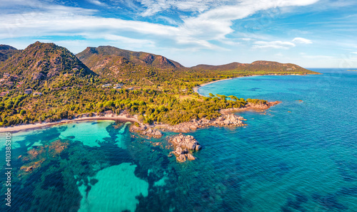 Beautiful marine scenery. Charming spring view from flying drone of Tamaricciu beach. Splendid morning scene of Corsica island, France, Europe. Aerial Mediterranean seascape.