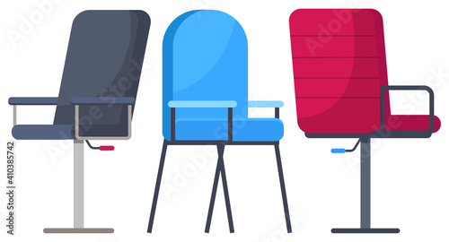 Isolated set soft chair with back at white background. Modern stylish furniture for home or office. Cozy place for rest  sitting  seat. Comfortable wooden armchair icon  flat style  front view