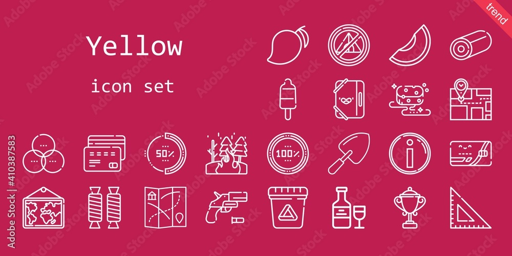 yellow icon set. line icon style. yellow related icons such as waste, gun, tent, sponge, shovel, rgb, popsicle, mango, square, folder, percentage, fire, credit card, sweet, melon, trophy, map yellow icon set. line icon style. yellow related icons such as waste, gun, tent, sponge, shovel, rgb, popsicle, mango, square, folder, percentage, fire, credit card, sweet, melon, trophy, map