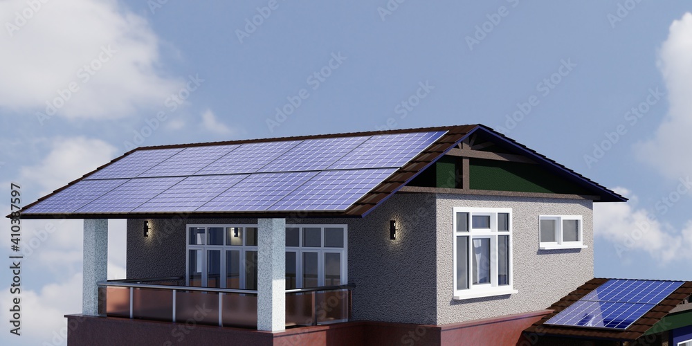 Solar panel on the roof of a modern house. A source of clean and cheap energy. Modern technologies. 3d illustration